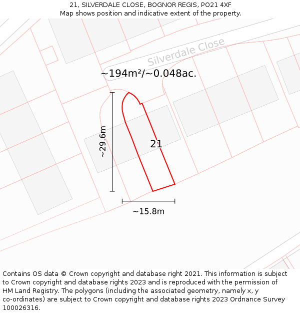 21, SILVERDALE CLOSE, BOGNOR REGIS, PO21 4XF: Plot and title map