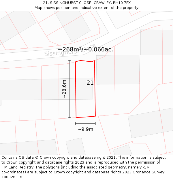 21, SISSINGHURST CLOSE, CRAWLEY, RH10 7FX: Plot and title map