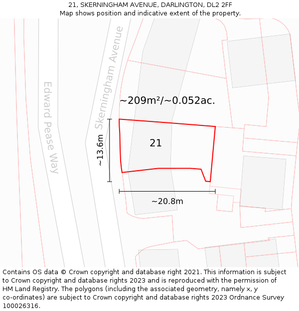 21, SKERNINGHAM AVENUE, DARLINGTON, DL2 2FF: Plot and title map