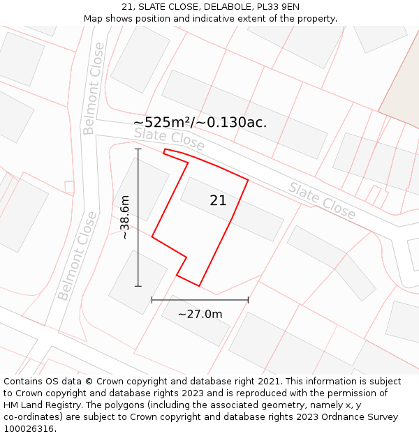 21, SLATE CLOSE, DELABOLE, PL33 9EN: Plot and title map