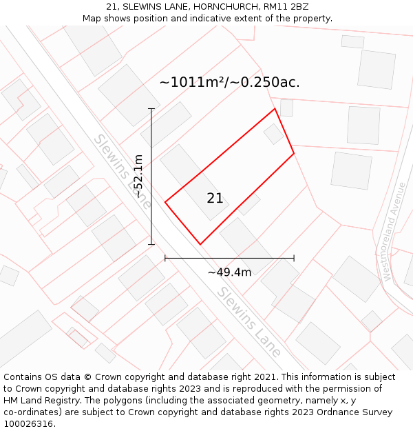 21, SLEWINS LANE, HORNCHURCH, RM11 2BZ: Plot and title map