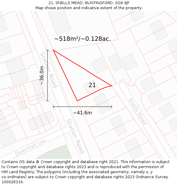 21, SNELLS MEAD, BUNTINGFORD, SG9 9JF: Plot and title map