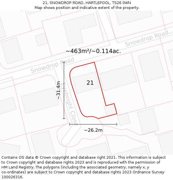 21, SNOWDROP ROAD, HARTLEPOOL, TS26 0WN: Plot and title map