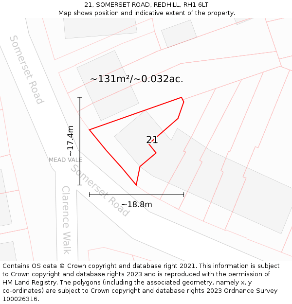 21, SOMERSET ROAD, REDHILL, RH1 6LT: Plot and title map