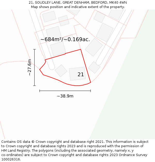 21, SOUDLEY LANE, GREAT DENHAM, BEDFORD, MK40 4WN: Plot and title map