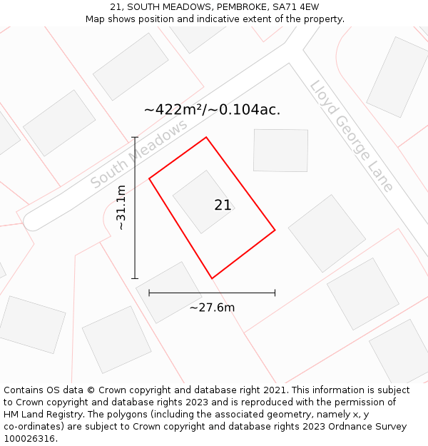 21, SOUTH MEADOWS, PEMBROKE, SA71 4EW: Plot and title map