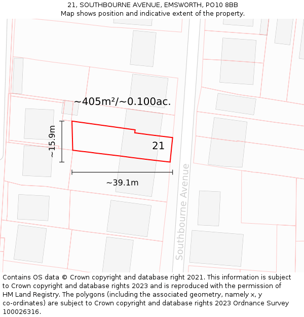 21, SOUTHBOURNE AVENUE, EMSWORTH, PO10 8BB: Plot and title map