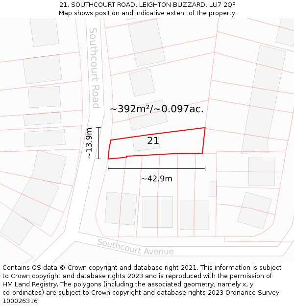 21, SOUTHCOURT ROAD, LEIGHTON BUZZARD, LU7 2QF: Plot and title map