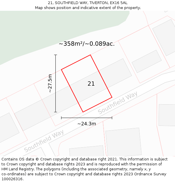 21, SOUTHFIELD WAY, TIVERTON, EX16 5AL: Plot and title map