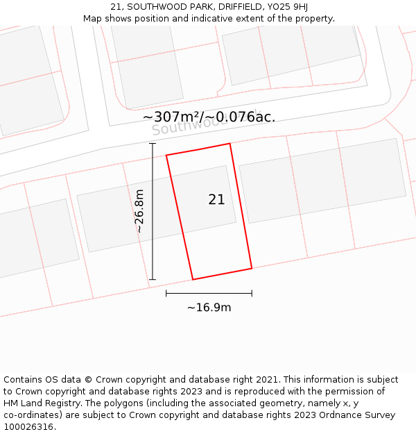 21, SOUTHWOOD PARK, DRIFFIELD, YO25 9HJ: Plot and title map