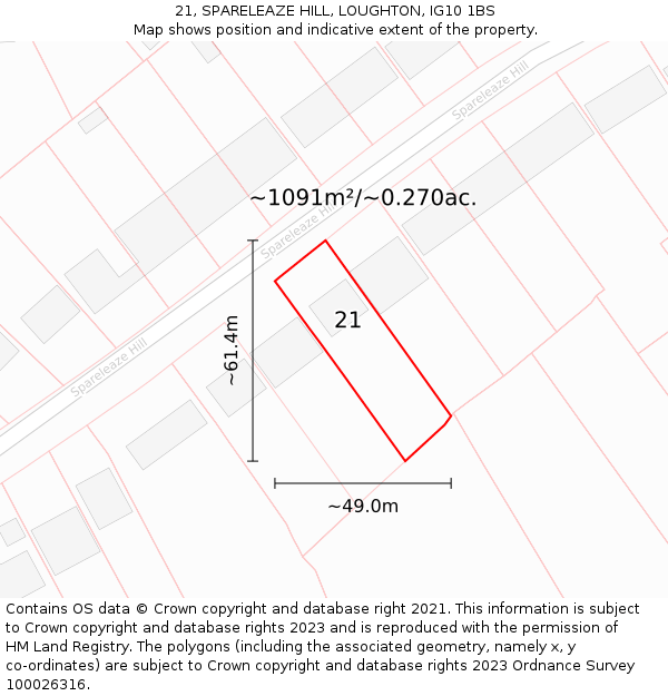 21, SPARELEAZE HILL, LOUGHTON, IG10 1BS: Plot and title map