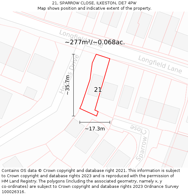 21, SPARROW CLOSE, ILKESTON, DE7 4PW: Plot and title map