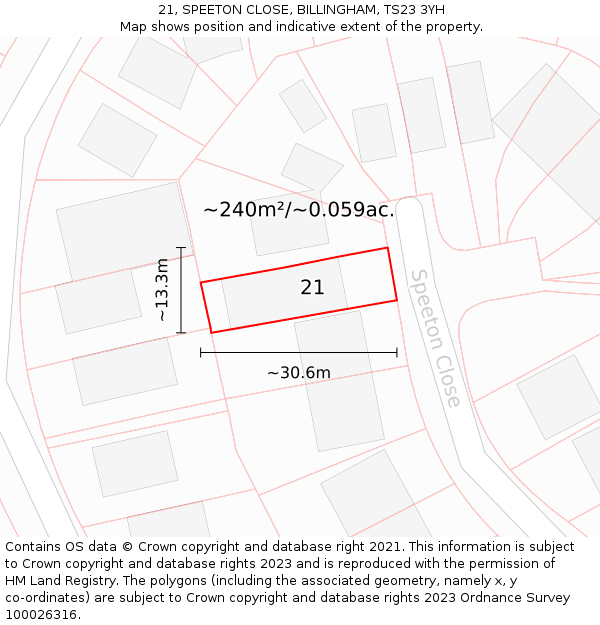 21, SPEETON CLOSE, BILLINGHAM, TS23 3YH: Plot and title map