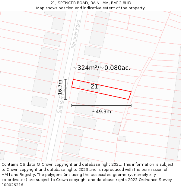 21, SPENCER ROAD, RAINHAM, RM13 8HD: Plot and title map