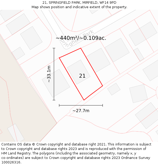21, SPRINGFIELD PARK, MIRFIELD, WF14 9PD: Plot and title map