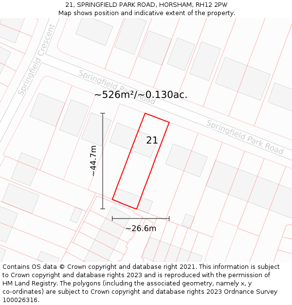 21, SPRINGFIELD PARK ROAD, HORSHAM, RH12 2PW: Plot and title map