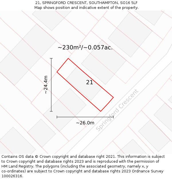 21, SPRINGFORD CRESCENT, SOUTHAMPTON, SO16 5LF: Plot and title map