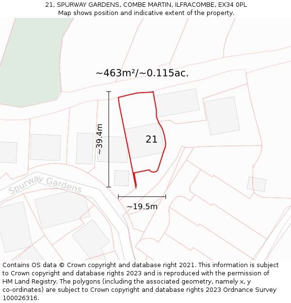 21, SPURWAY GARDENS, COMBE MARTIN, ILFRACOMBE, EX34 0PL: Plot and title map