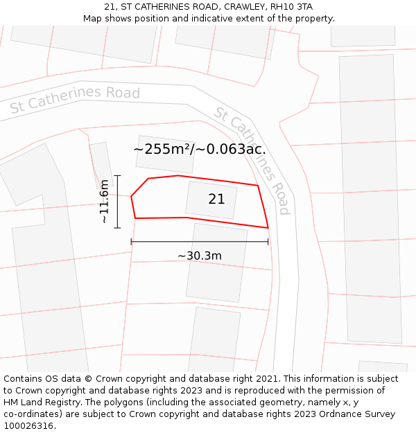 21, ST CATHERINES ROAD, CRAWLEY, RH10 3TA: Plot and title map