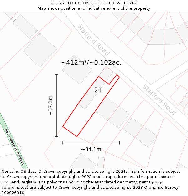 21, STAFFORD ROAD, LICHFIELD, WS13 7BZ: Plot and title map