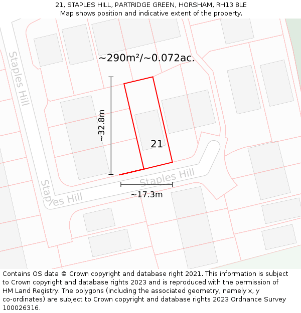 21, STAPLES HILL, PARTRIDGE GREEN, HORSHAM, RH13 8LE: Plot and title map