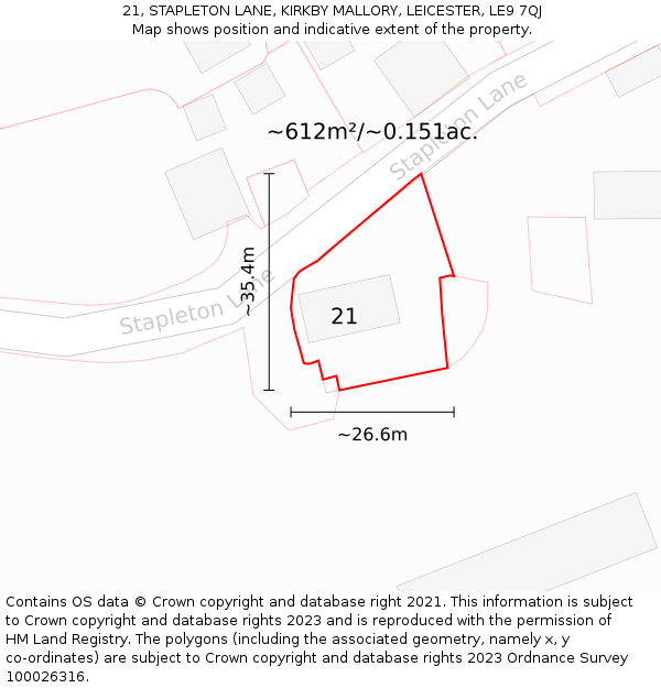 21, STAPLETON LANE, KIRKBY MALLORY, LEICESTER, LE9 7QJ: Plot and title map