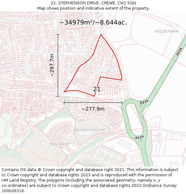 21, STEPHENSON DRIVE, CREWE, CW1 5GN: Plot and title map