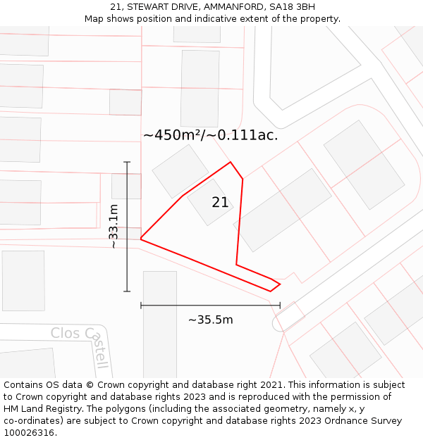 21, STEWART DRIVE, AMMANFORD, SA18 3BH: Plot and title map