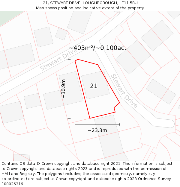 21, STEWART DRIVE, LOUGHBOROUGH, LE11 5RU: Plot and title map