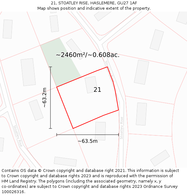 21, STOATLEY RISE, HASLEMERE, GU27 1AF: Plot and title map