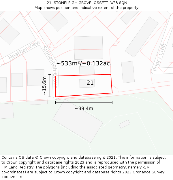 21, STONELEIGH GROVE, OSSETT, WF5 8QN: Plot and title map