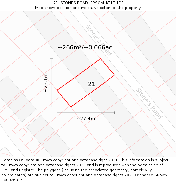 21, STONES ROAD, EPSOM, KT17 1DF: Plot and title map