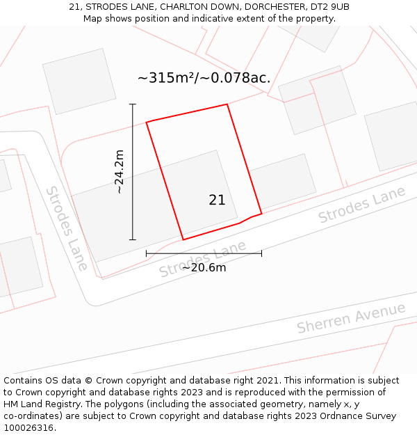 21, STRODES LANE, CHARLTON DOWN, DORCHESTER, DT2 9UB: Plot and title map