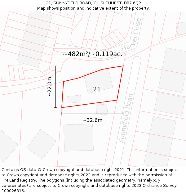 21, SUNNYFIELD ROAD, CHISLEHURST, BR7 6QP: Plot and title map