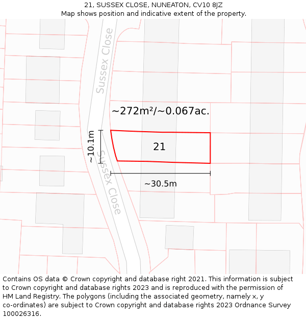 21, SUSSEX CLOSE, NUNEATON, CV10 8JZ: Plot and title map