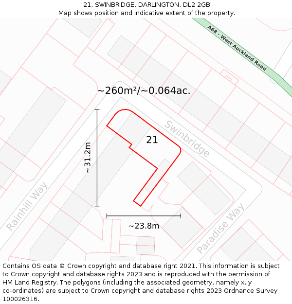 21, SWINBRIDGE, DARLINGTON, DL2 2GB: Plot and title map