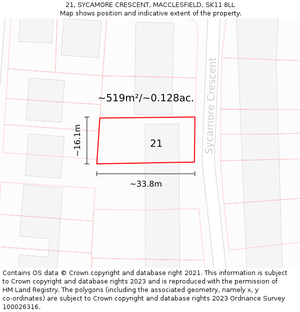 21, SYCAMORE CRESCENT, MACCLESFIELD, SK11 8LL: Plot and title map