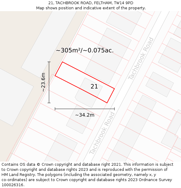 21, TACHBROOK ROAD, FELTHAM, TW14 9PD: Plot and title map