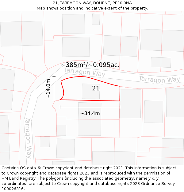 21, TARRAGON WAY, BOURNE, PE10 9NA: Plot and title map