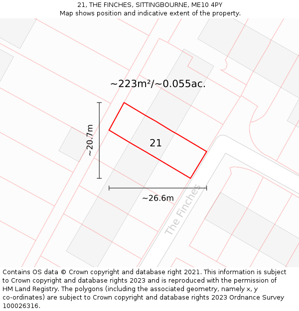 21, THE FINCHES, SITTINGBOURNE, ME10 4PY: Plot and title map