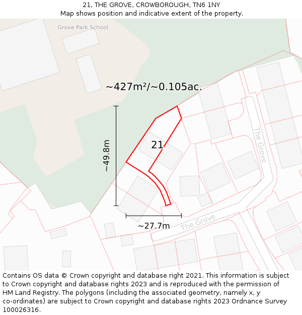 21, THE GROVE, CROWBOROUGH, TN6 1NY: Plot and title map