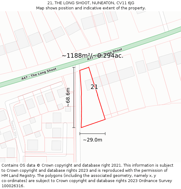 21, THE LONG SHOOT, NUNEATON, CV11 6JG: Plot and title map