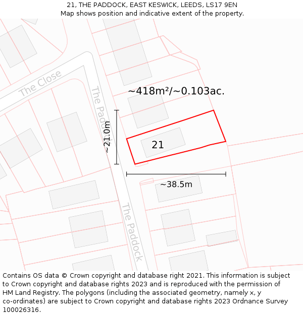 21, THE PADDOCK, EAST KESWICK, LEEDS, LS17 9EN: Plot and title map