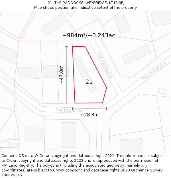 21, THE PADDOCKS, WEYBRIDGE, KT13 9RJ: Plot and title map