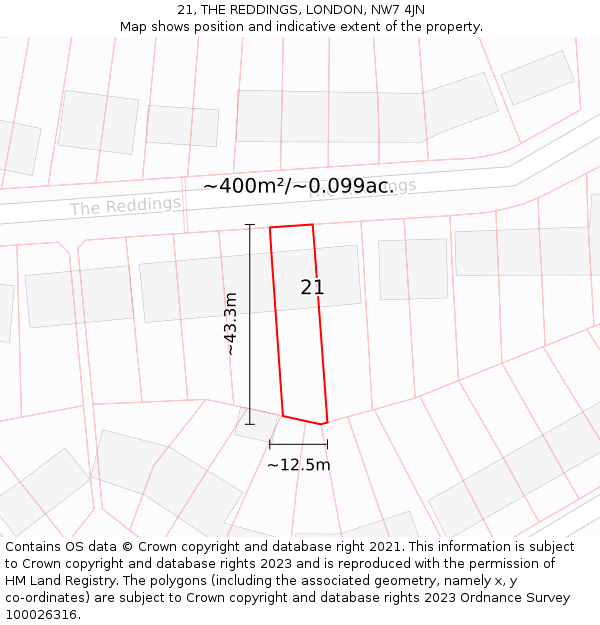 21, THE REDDINGS, LONDON, NW7 4JN: Plot and title map
