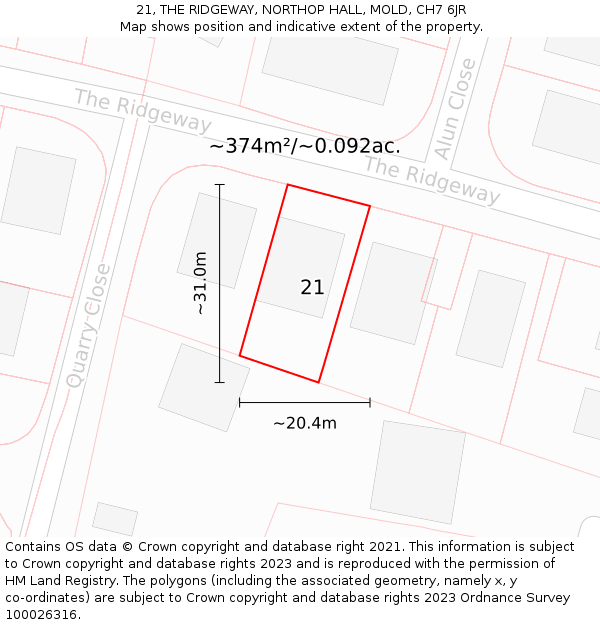 21, THE RIDGEWAY, NORTHOP HALL, MOLD, CH7 6JR: Plot and title map