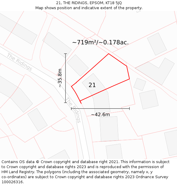 21, THE RIDINGS, EPSOM, KT18 5JQ: Plot and title map