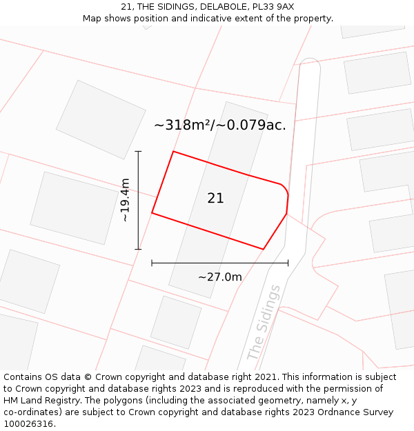 21, THE SIDINGS, DELABOLE, PL33 9AX: Plot and title map