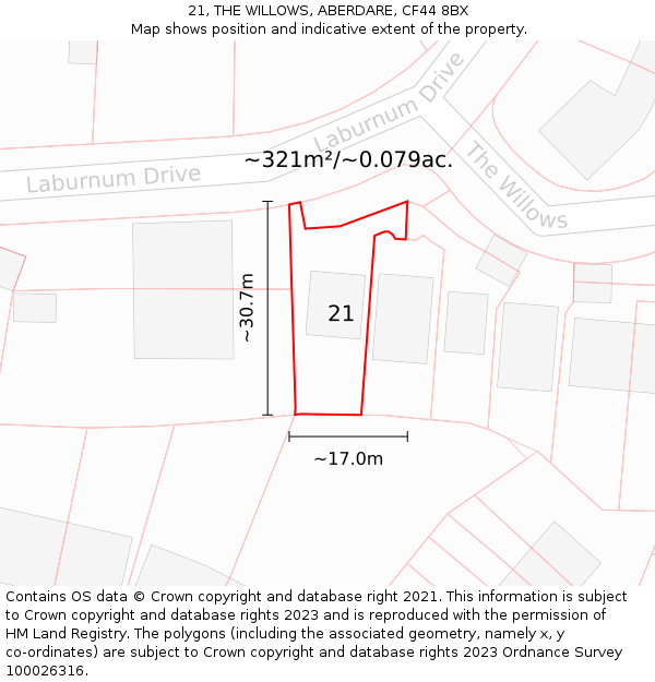 21, THE WILLOWS, ABERDARE, CF44 8BX: Plot and title map