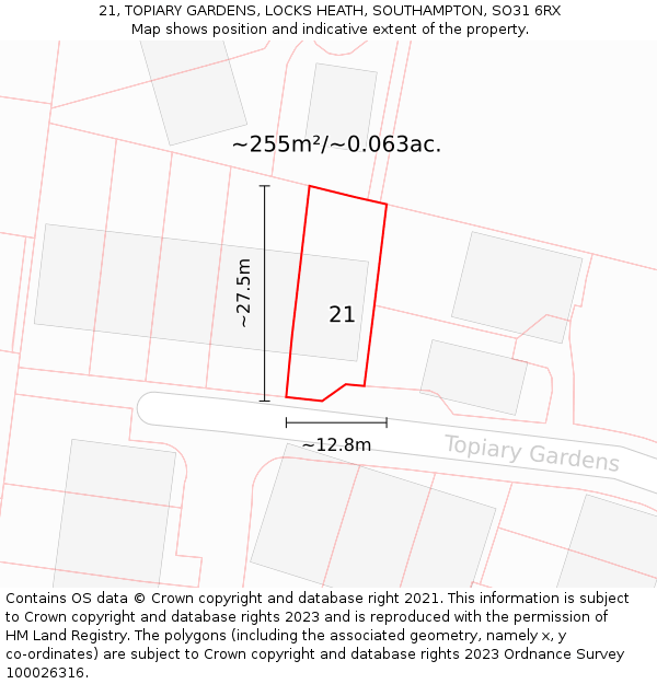 21, TOPIARY GARDENS, LOCKS HEATH, SOUTHAMPTON, SO31 6RX: Plot and title map